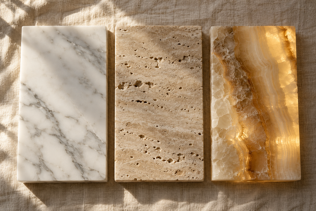 Marble, travertine and honey onyx stone slabs side by side