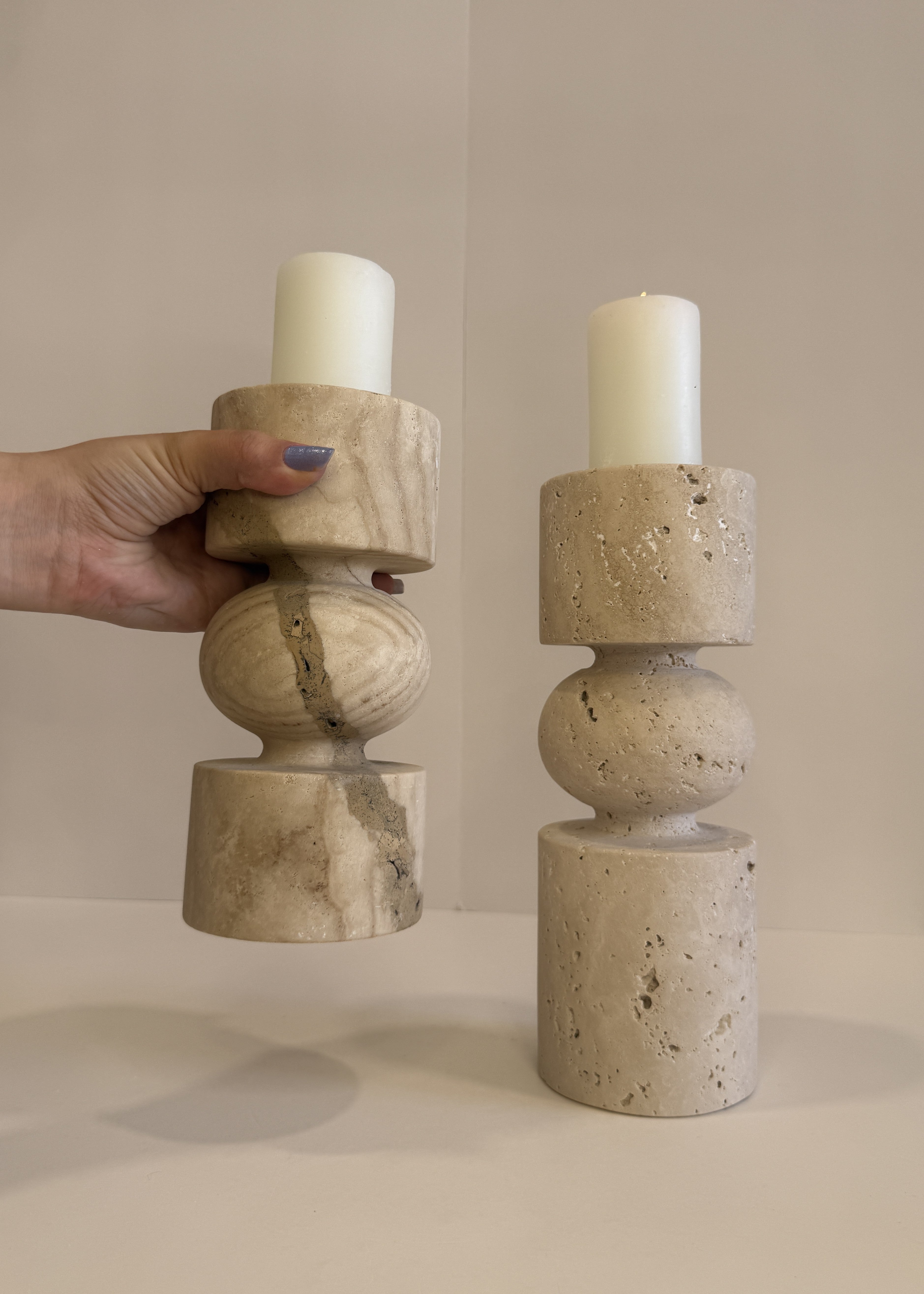 Travertine Tall Tea Light Holder — Set of 2 — detail view 1